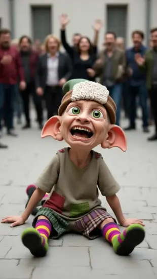 AI Video: Dobby’s chest shudders with shallow, ragged breaths. He slowly tilts his...