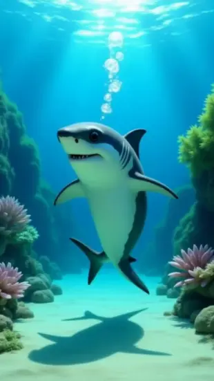 AI Video: Blinks slowly, a single bubble drifts upward from snout. Body sways with a...