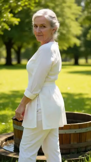 AI Video: She shifts upward, hand sliding across skin. She rises with fluid,...