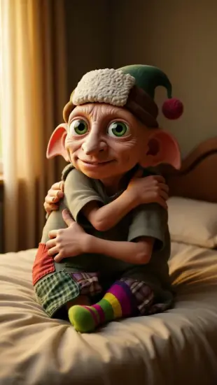 AI Video: Dobby shudders, fingers clutching tightly into fabric. His chest heaves with...