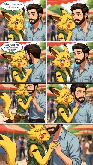 AI Video: Comic panels, she blinks rapidly, shakes head, her small Pikachu nose then...