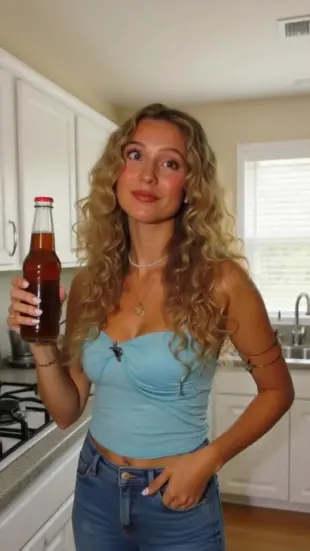 AI Video: She reaches out to grab a bottle, pivots her torso, and flicks her gaze...