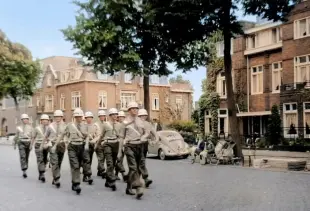 AI Video: Let the soldiers march while the two lady's, sitting nearby the Volkswagen...