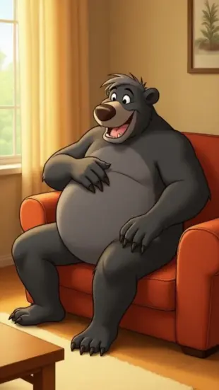 AI Video: Chest rumbles with a low chuckle, shoulders sway rhythmically. He tilts his...