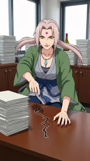 AI Video: She slams fist downward with force, wood splinters, shoulders tense. She...