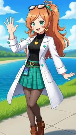 AI Video: She waves her arm enthusiastically, hair and lab coat fluttering in the wind....