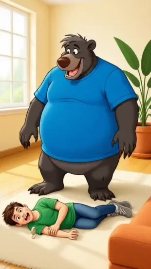 AI Video: baloo bear blue shirt stand trample tummy justin human down floor pov
