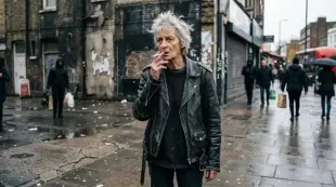 AI Video: very old cheap bitch slim smoker wearing black leather , grey hair , short...