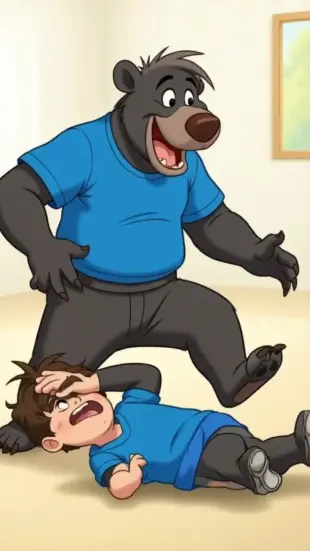 AI Video: baloo bear blue shirt stand trample justin lay down floor pov camera
