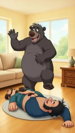 AI Video: baloo bear stomp on tummy justin big man human down floor