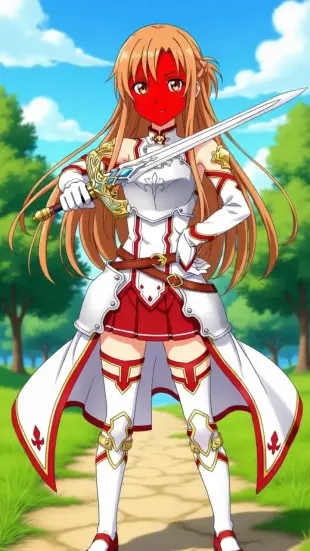 AI Video: She freezes mid-step, rapier wavering in her grip. Her face flushes deeply,...