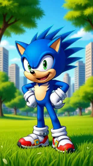 AI Video: Sonic skids to a sudden halt, body swaying slightly from momentum. He grins...