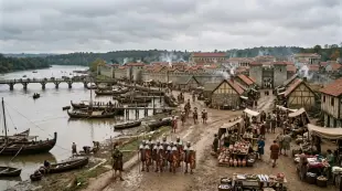AI Video: Ancient Roman Londinium beside the Thames, Roman soldiers, merchants, wooden...