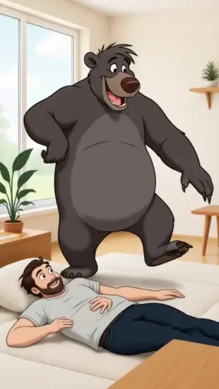 AI Video: baloo bear stomp on me tummy tall justin down floor