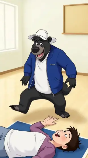 AI Video: baloo bear feddy fazbear blue jacket whtie shirt hat stompibg on me tummy...